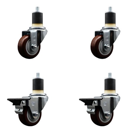 Service Caster 3'' Maroon Poly Wheel Swivel 1-7/8'' Expanding Stem Caster Set 2 Brakes, 4PK SCC-EX20S314-PPUB-MRN-2-PLB-2-178